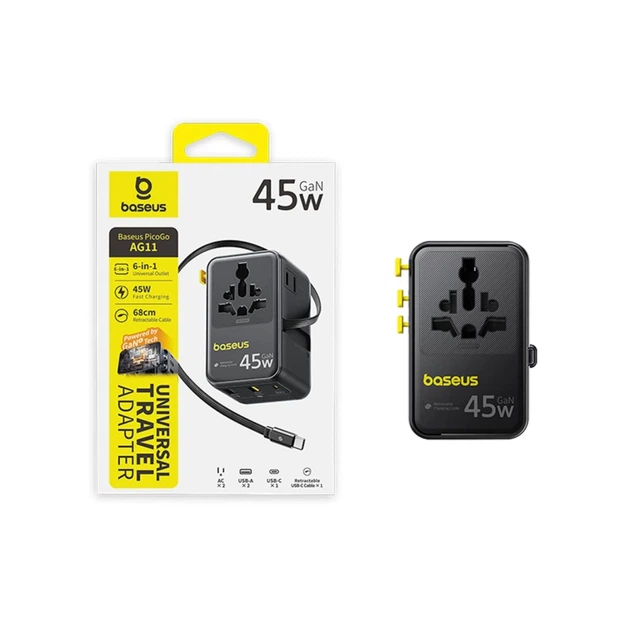 Adapter podróżny Baseus PicoGo AG11 45W 6w1 ze składanym kablem USB‑C Black (6942521203475) - obraz 5