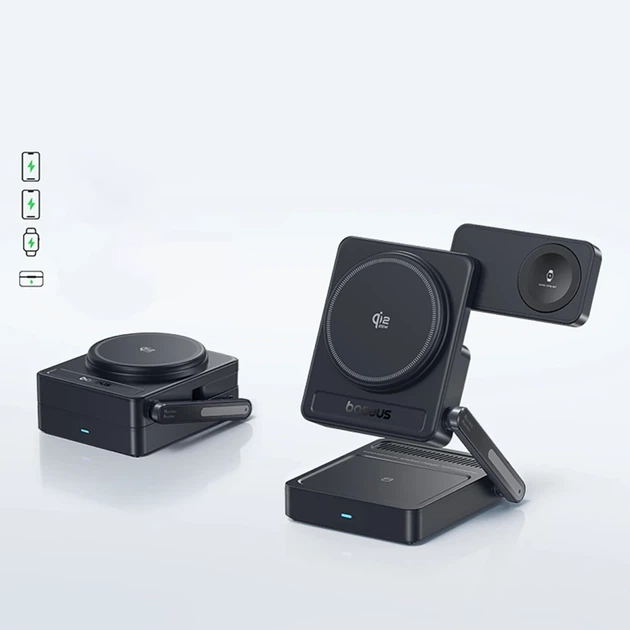Беспроводная зарядка Baseus PicoGo AF21 3в1 Qi2.2 35W с блоком питания EU 45W и кабелем USB-C 1m Black (6942521200641) - изображение 10