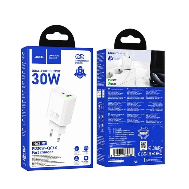 Сетевое зарядное устройство Hoco N63 USB A + USB C QC3.0 PD 30W White (6942007648806) - изображение 5