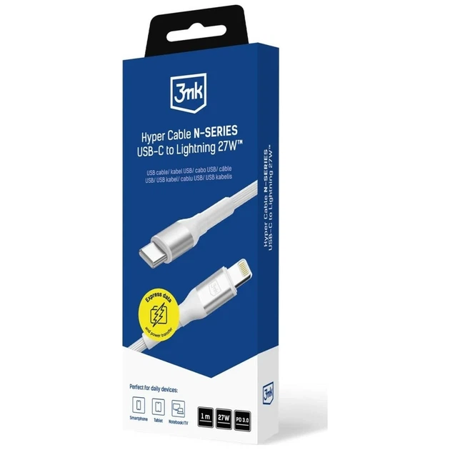 Кабель 3mk Hyper Cable N-Series USB-C to Lightning 1m 9V/3A 27W White (5903108758246) - Фото 5 Кабель 3mk Hyper Cable N-Series USB-C to Lightning 1m 9V/3A 27W White (5903108758246) - изображение 5