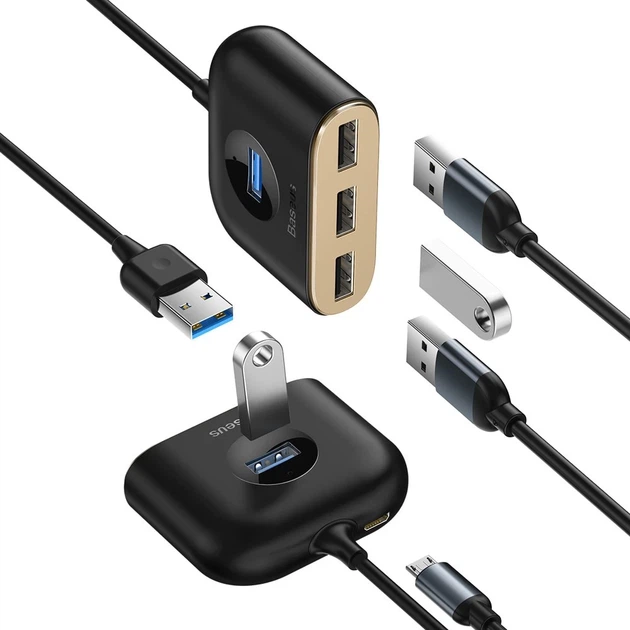 USB-хаб Baseus Square round 4-in-1 USB-C to x4USB-A 1m Black (CAHUB-AY01) - изображение 3