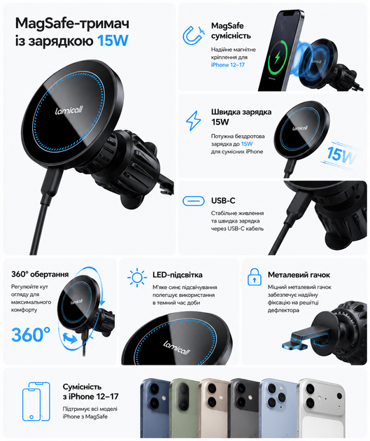 Автомобільний тримач із MagSafe-зарядкою Lamicall 15 Вт для iPhone 12–17 на дефлектор - изображение 3