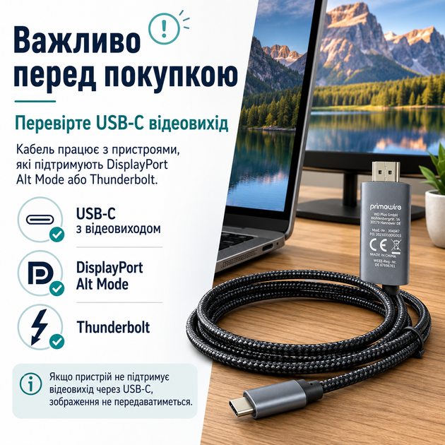 Кабель Primewire USB-C – HDMI 4K для підключення ноутбука до монітора телевізора проєктора - изображение 6