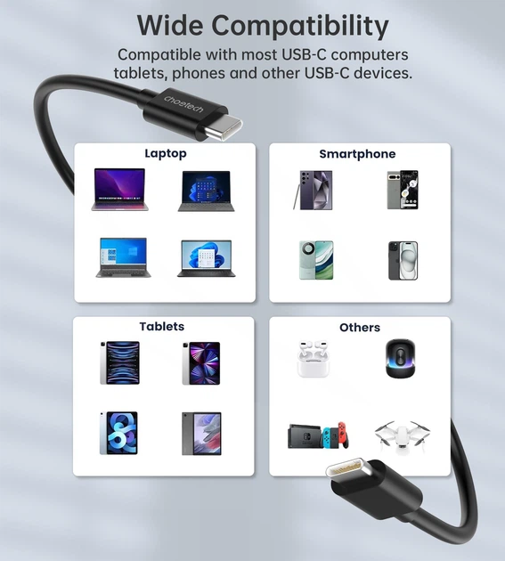Кабель Choetech PowerSync USB-C to USB-C 2.0 3A 1m Black (CC0002) - Фото 4 Кабель Choetech PowerSync USB-C to USB-C 2.0 3A 1m Black (CC0002) - изображение 4