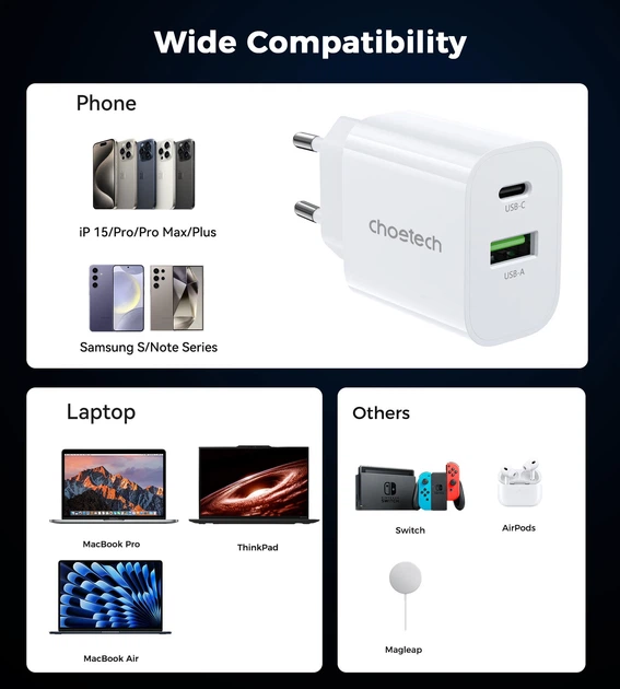 Сетевое зарядное устройство Choetech PowiX USB-A/USB-C PD 30W White (PD9009-EU-WH) - Фото 5 Сетевое зарядное устройство Choetech PowiX USB-A/USB-C PD 30W White (PD9009-EU-WH) - изображение 5