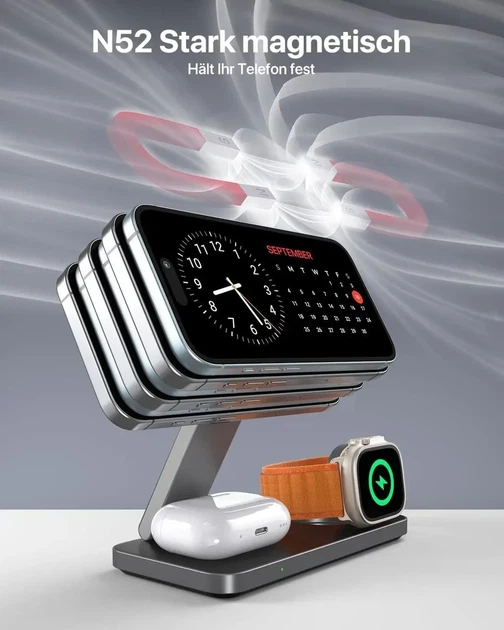 Бездротова зарядна станція QTlier T8 3в1 MagSafe 20 Вт для iPhone Apple Watch AirPods - Фото 5 Бездротова зарядна станція QTlier T8 3в1 MagSafe 20 Вт для iPhone Apple Watch AirPods - изображение 5