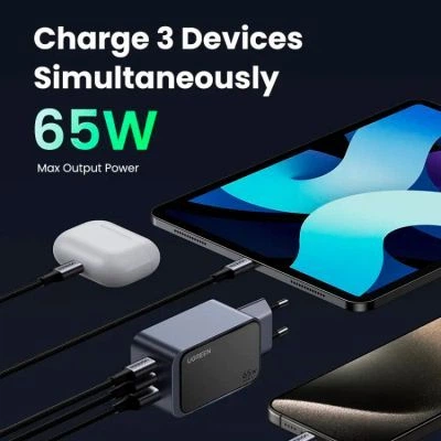 Зарядний пристрій Ugreen 3xUSB 65W (2xUSB-C+USB-A) Gan Nexode Fast Charger Grey X553 (35042) - Фото 3 Зарядний пристрій Ugreen 3xUSB 65W (2xUSB-C+USB-A) Gan Nexode Fast Charger Grey X553 (35042) - зображення 3