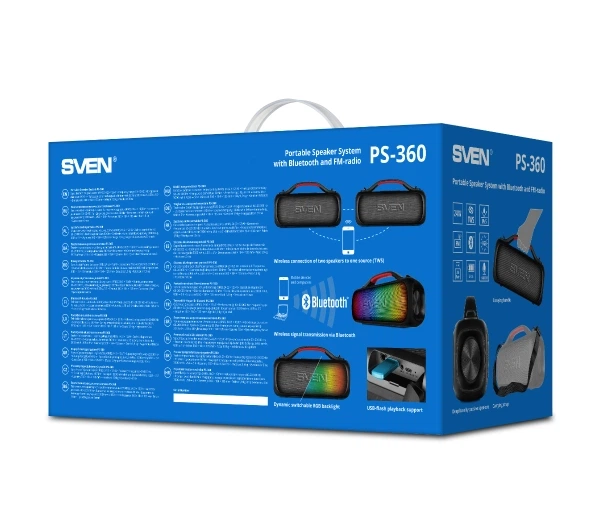 Bluetooth-колонка Sven PS-360 24W Радіо FM Чорний - Фото 7 Bluetooth-колонка Sven PS-360 24W Радіо FM Чорний - зображення 7