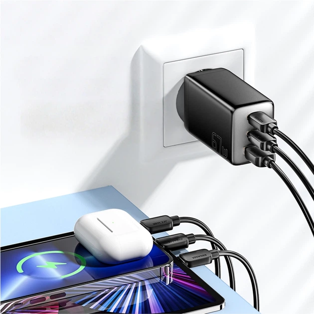 Сетевое зарядное устройство ESSAGER Ranges 67W GaN Charger 2C+1A QC4.0 FCP PD Black (ECT67W-LJB01-Z) - изображение 6