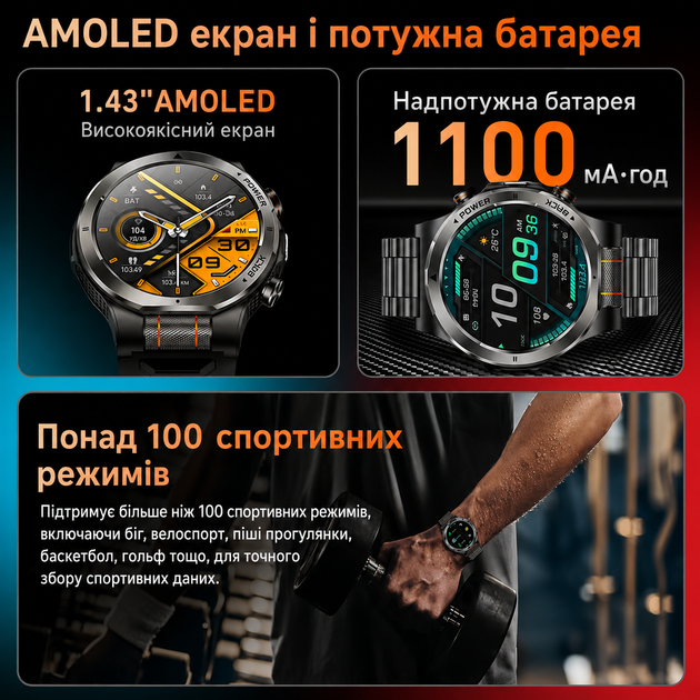 Смарт годинник військовий з батареєю 1100mAh, AMOLED, дзвінки Bluetooth, пульс, 3ATM 2 ремінці в комплекті - Фото 4 Смарт годинник військовий з батареєю 1100mAh, AMOLED, дзвінки Bluetooth, пульс, 3ATM 2 ремінці в комплекті - зображення 4