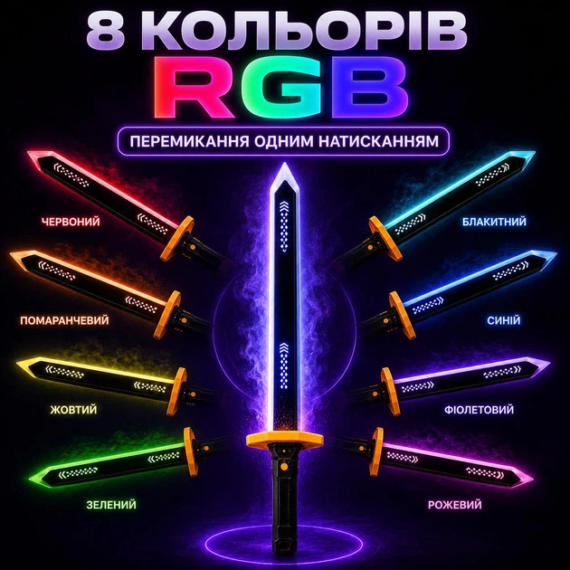 Меч іграшковий світловий акумуляторний зі звуком, парою, 8 кольорів підсвітки, USB, 44 см - зображення 3