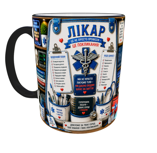 Кружка (чашка) с принтом "Врач" из серии Professional Organizer Collection – подарок врачу, медику, семейному врачу | Керамическая 330 мл(черная ручка) - изображение 3