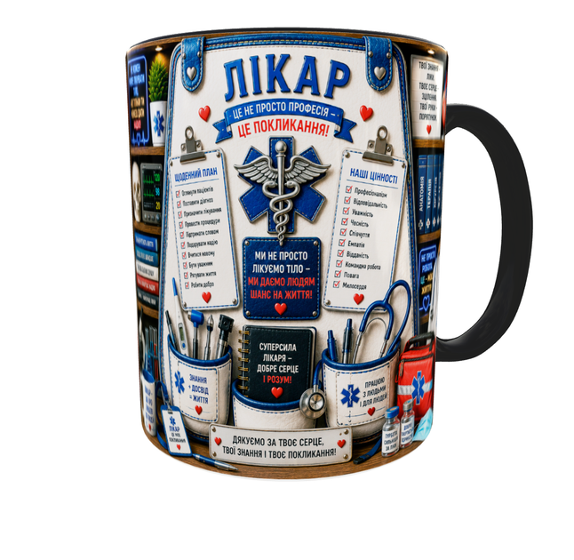Кружка (чашка) с принтом "Врач" из серии Professional Organizer Collection – подарок врачу, медику, семейному врачу | Керамическая 330 мл(черная ручка) - изображение 6