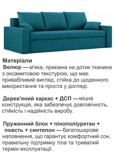Диван Зеус 225×90 см бирюзовый велюр - изображение 4