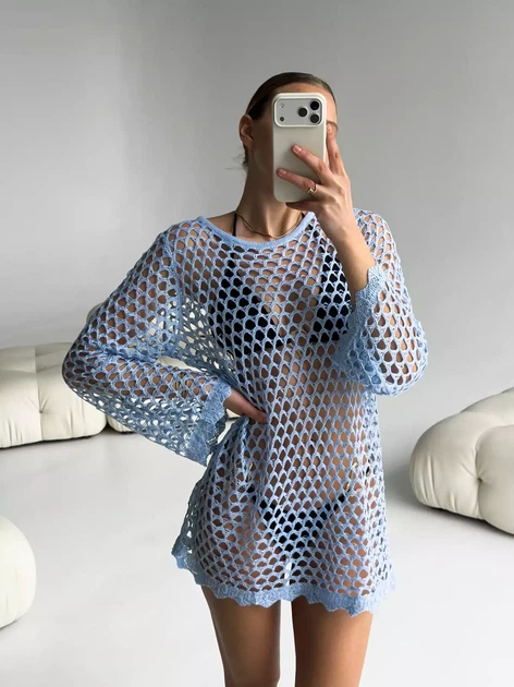 Туніка-сітка крупна в'язка з мереживним краєм Brunette Блакитний One size SP-4014-BN-Y - Фото 6 Туніка-сітка крупна в'язка з мереживним краєм Brunette Блакитний One size SP-4014-BN-Y - зображення 6