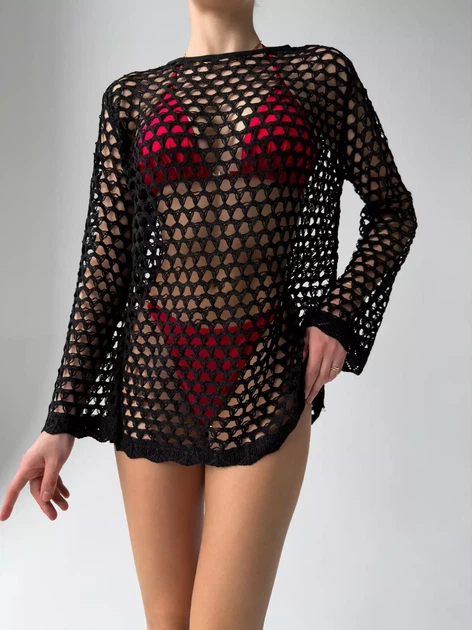 Туніка-сітка крупна в'язка з мереживним краєм Brunette Чорний One Size SP-4014-BL-Y - Фото 1 Туніка-сітка крупна в'язка з мереживним краєм Brunette Чорний One Size SP-4014-BL-Y - зображення 1