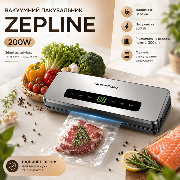 Вакуумный упаковщик Zepline 200W для герметичного хранения продуктов, бытовой вакууматор с электронным управлением, вакуумированием контейнеров и функцией запайки, для сухих, влажных и сыпучих продуктов, ширина пакета до 300 мм, 20 пакетов - изображение 2