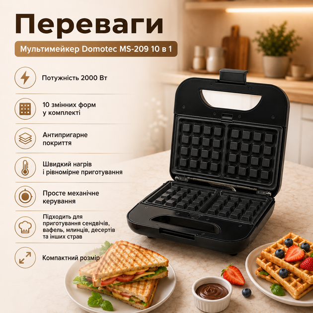 Мультимейкер Domotec MS-209 10 в 1 для приготування вафель, сендвічів, млинців і десертів, електричний мультипекар зі змінними пластинами, антипригарним покриттям, механічним керуванням, потужність 2000 Вт, чорний - зображення 3