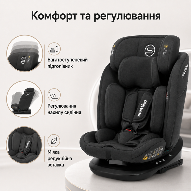 Автокрісло Sesttino Oktagon Pro Isofix Black 0–36 кг i-Size з поворотом 360°, дитяче автокрісло для дітей від народження до 150 см - Фото 2 Автокрісло Sesttino Oktagon Pro Isofix Black 0–36 кг i-Size з поворотом 360°, дитяче автокрісло для дітей від народження до 150 см - зображення 2