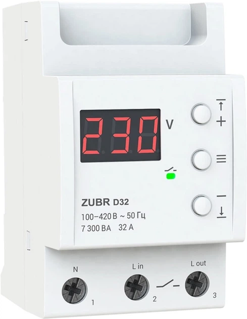 Реле напруги ZUBR D32, 1ф, 32А, 1н.о, вольтметр, мін. напр., макс. напр (ZUBR D32) - Фото 1 Реле напруги ZUBR D32, 1ф, 32А, 1н.о, вольтметр, мін. напр., макс. напр (ZUBR D32) - зображення 1