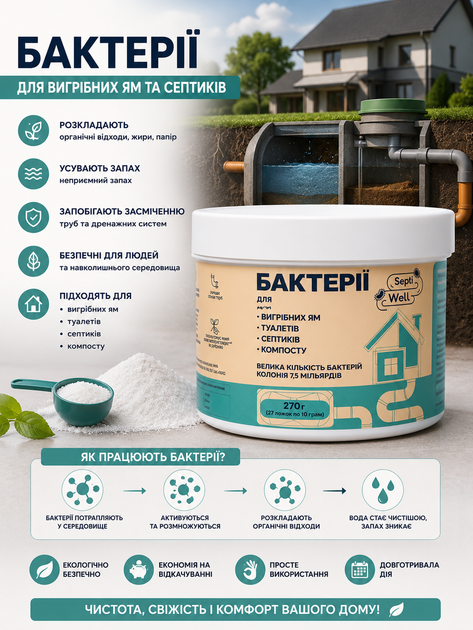 Бактерії для вигрібних ям та септиків SeptiWell – порошок – 270г - Фото 2 Бактерії для вигрібних ям та септиків SeptiWell – порошок – 270г - зображення 2