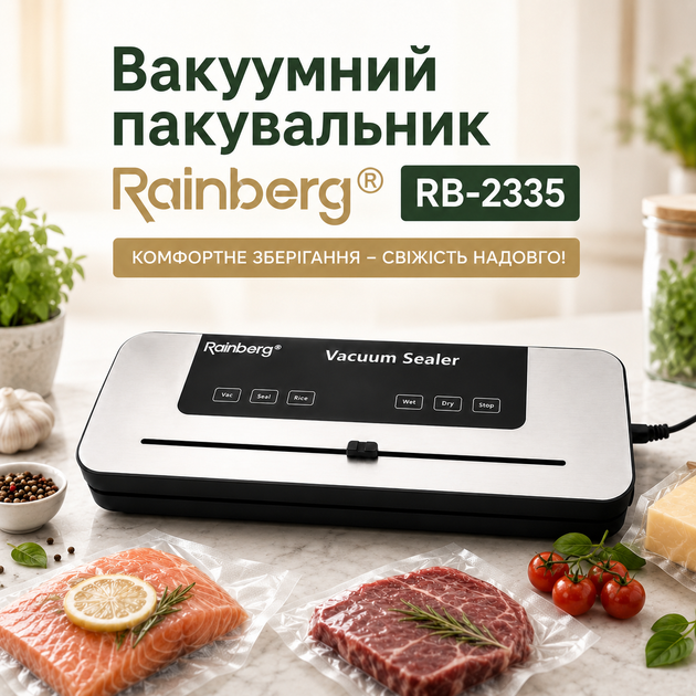 Вакуумный упаковщик Rainberg RB-2335 для герметичного хранения продуктов, вакууматор с функцией запайки, для мяса, рыбы, овощей, фруктов, сыра, колбас, полуфабрикатов, готовых блюд, ширина шва до 30 см, мощность 90–120 Вт, черный - Фото 1 Вакуумный упаковщик Rainberg RB-2335 для герметичного хранения продуктов, вакууматор с функцией запайки, для мяса, рыбы, овощей, фруктов, сыра, колбас, полуфабрикатов, готовых блюд, ширина шва до 30 см, мощность 90–120 Вт, черный - изображение 1
