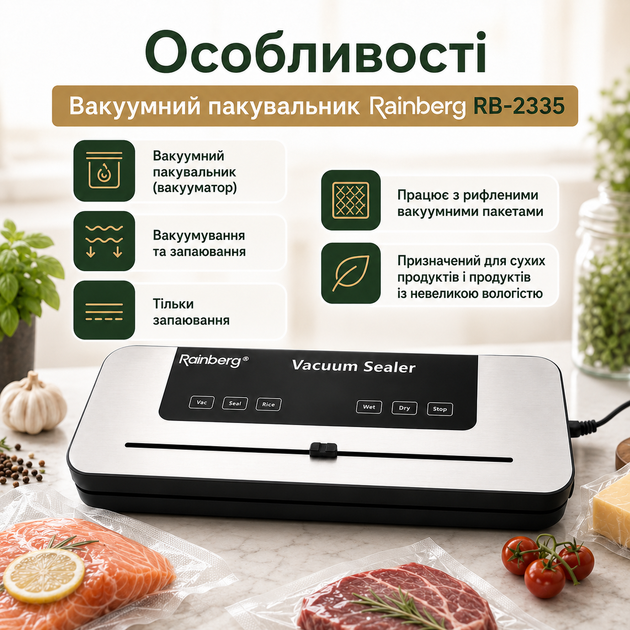 Вакуумный упаковщик Rainberg RB-2335 для герметичного хранения продуктов, вакууматор с функцией запайки, для мяса, рыбы, овощей, фруктов, сыра, колбас, полуфабрикатов, готовых блюд, ширина шва до 30 см, мощность 90–120 Вт, черный - Фото 4 Вакуумный упаковщик Rainberg RB-2335 для герметичного хранения продуктов, вакууматор с функцией запайки, для мяса, рыбы, овощей, фруктов, сыра, колбас, полуфабрикатов, готовых блюд, ширина шва до 30 см, мощность 90–120 Вт, черный - изображение 4