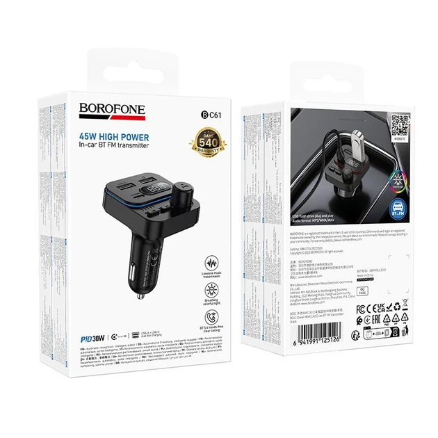 FM-трансмиттер BOROFONE BC61 45W 3 USB-порта Bluetooth 5.4 черный - изображение 2