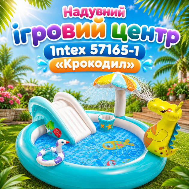 Дитячий надувний ігровий центр з басейном Intex 57165-1 «Крокодил», з водною гіркою, водограєм, навісом від сонця, круглий, з високоякісного вінілу, для дітей від 2 років, максимальне навантаження 54 кг, об'єм 169 л, 201 × 170 × 84 см - Фото 1 Дитячий надувний ігровий центр з басейном Intex 57165-1 «Крокодил», з водною гіркою, водограєм, навісом від сонця, круглий, з високоякісного вінілу, для дітей від 2 років, максимальне навантаження 54 кг, об'єм 169 л, 201 × 170 × 84 см - зображення 1