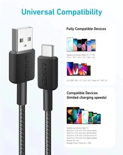 Кабель Anker 322 USB-A - USB-C, 0.9 м, Black (A81H5G11) - Фото 4 Кабель Anker 322 USB-A - USB-C, 0.9 м, Black (A81H5G11) - изображение 4
