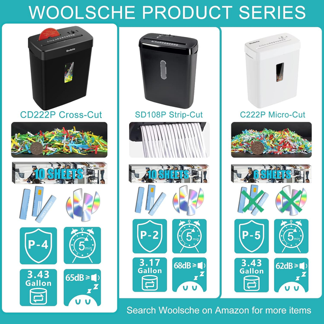 Шредер для паперу Woolsche, поперечний різ на 9 аркушів з кошиком - зображення 2