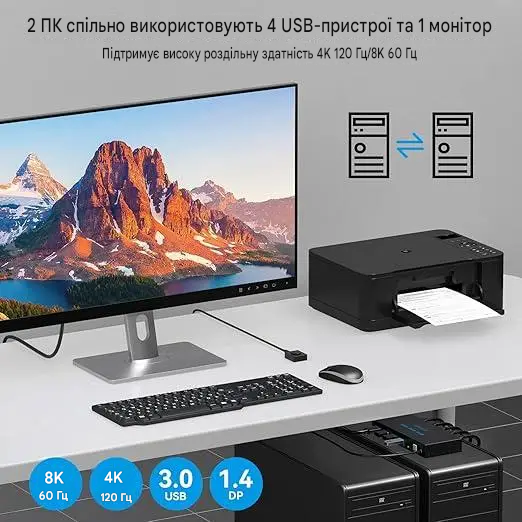 KVM-перемикач VPFET 2x1 Displayport 8K USB 3.0 для 2 ПК 1 монітор 4 USB пристрою чорний - изображение 5