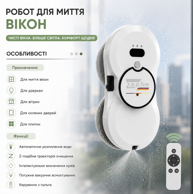 Робот для мойки окон Zepline ZP 00375 автоматический 90 Вт с пультом автоматическим распылением воды и резервным аккумулятором белый - изображение 2