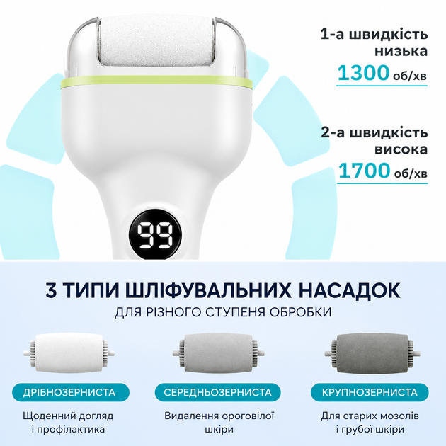 Электрическая роликовая пемза для пяток, 3 сменные насадки, дисплей, белая - изображение 5