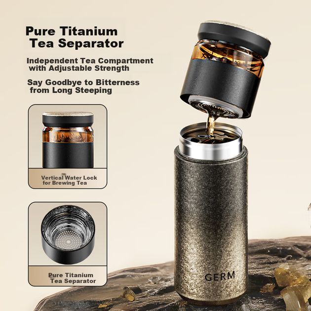 Термокружка Germ Pure Titanium для мужчин и женщин, оздоровительная кружка для воды с ситечком для чая, титановая кружка в подарок на День отца, 520 мл, золотистый цвет. - Фото 7 Термокружка Germ Pure Titanium для мужчин и женщин, оздоровительная кружка для воды с ситечком для чая, титановая кружка в подарок на День отца, 520 мл, золотистый цвет. - изображение 7