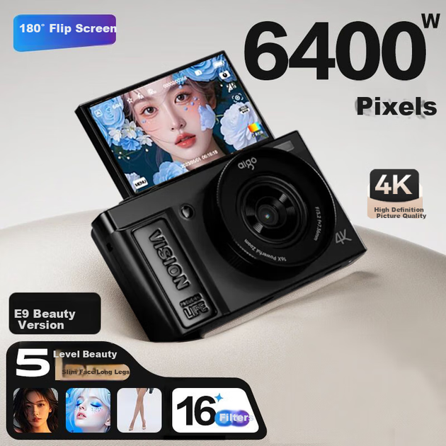 Фотоаппарат Aigo D9 Pro цифровой с откидным экраном компактный, 64 ГБ, черный - Фото 4 Фотоаппарат Aigo D9 Pro цифровой с откидным экраном компактный, 64 ГБ, черный - изображение 4