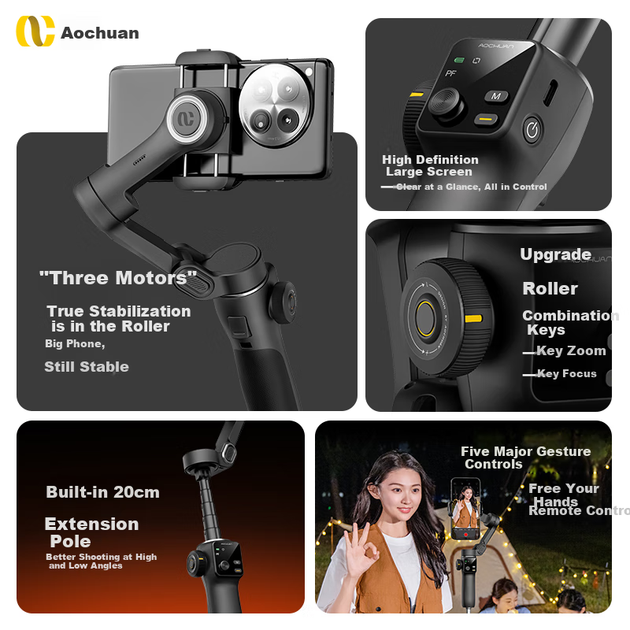 Стабилизатор для смартфона Aochuan V8, трехосевой антивибрационный, с ИИ-отслеживанием, для съемки видео с рук, для видеоблогов, селфи-палки, для путешествий, черный. - изображение 5