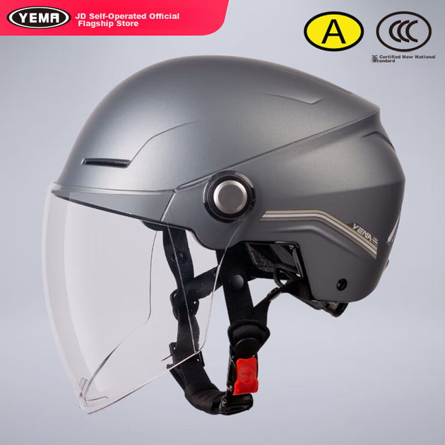 Женский шлем для электросамоката YEMA 3c, сертифицированный по новому национальному стандарту класса A 367S, летний и всесезонный, мужской полушлем для электросамоката, легкий защитный шлем для мотоцикла, титаново-серый с прозрачным длинным визором. - изображение 4