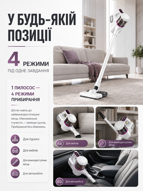 Вертикальный компактный аккумуляторный пылесос ручной без мешка для дома и авто с функцией влажной уборки - изображение 6