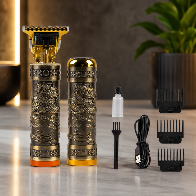 Профессиональный беспроводной аккумуляторный триммер машинка Hair Cutter 2 в 1 для стрижки универсальный триммер для волос и бороды с 3 насадками золотой - Фото 6 Профессиональный беспроводной аккумуляторный триммер машинка Hair Cutter 2 в 1 для стрижки универсальный триммер для волос и бороды с 3 насадками золотой - изображение 6