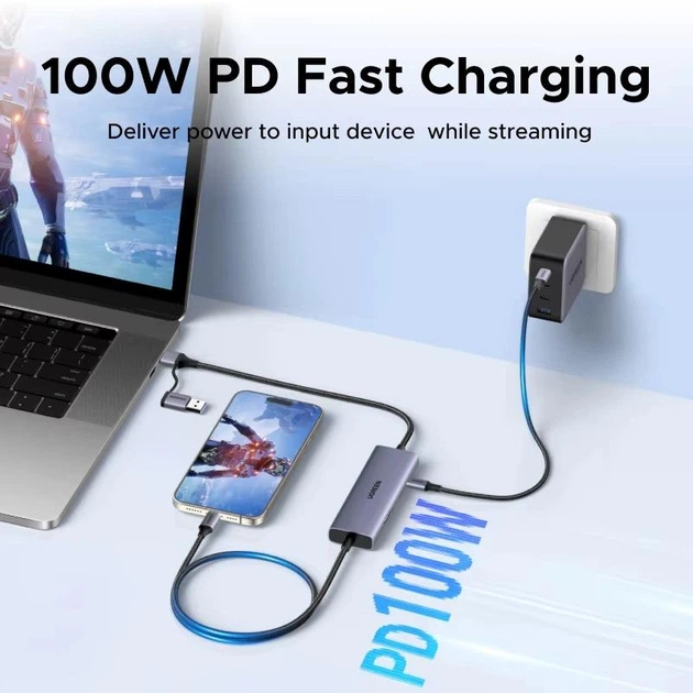 Устройство для видео захвата UGREEN CM725 USB-C 4K на USB-C/A 2K@30Hz (1080P 60FPS), быстрая сквозная зарядка PD 100W со сверхнизкой задержкой для игр Grey (65856) - изображение 5