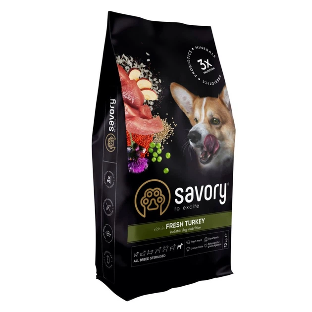 Корм сухий Savory All Breed Sterilised rich in Fresh Turkey для стерилізованих собак усіх порід зі свіжою індичкою 12 кг - Фото 1 Корм сухий Savory All Breed Sterilised rich in Fresh Turkey для стерилізованих собак усіх порід зі свіжою індичкою 12 кг - зображення 1