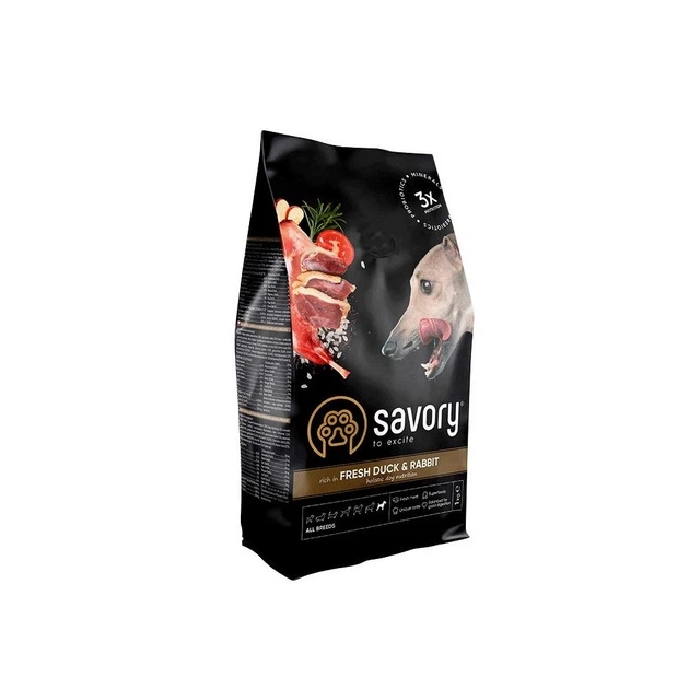 Корм сухий Savory Adult All Breeds rich in Fresh Duck and Rabbit для собак усіх порід зі свіжою качкою та кроликом 1 кг - Фото 1 Корм сухий Savory Adult All Breeds rich in Fresh Duck and Rabbit для собак усіх порід зі свіжою качкою та кроликом 1 кг - зображення 1