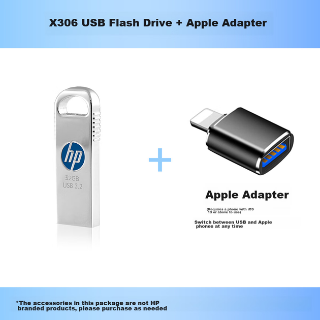 Флеш-накопичувач HP 32 ГБ USB 3.2 Gen 1 з адаптером Apple Lightning X306w, металевий, високошвидкісний USB-накопичувач для навчання, офісу, автомобільного комп'ютера - зображення 5