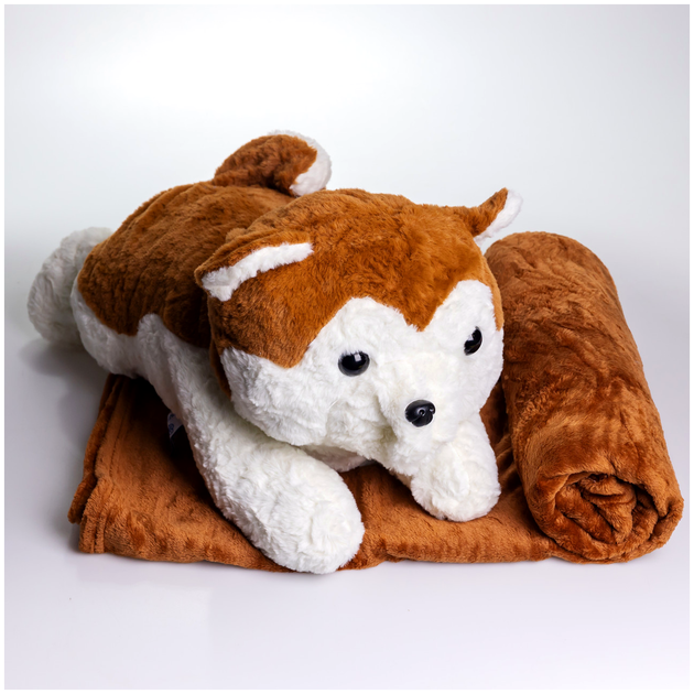 Плед-игрушка подушка 3 в 1 Хаски 100х180 см коралловый флис коричневый HM-3342 - изображение 4