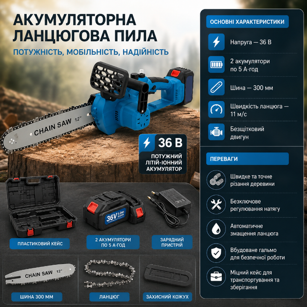 Акумуляторна ланцюгова пила 36V 5Ah із двома акумуляторами безщітковим двигуном шиною 300 мм безключовим натягом ланцюга пластиковим кейсом - Фото 3 Акумуляторна ланцюгова пила 36V 5Ah із двома акумуляторами безщітковим двигуном шиною 300 мм безключовим натягом ланцюга пластиковим кейсом - зображення 3