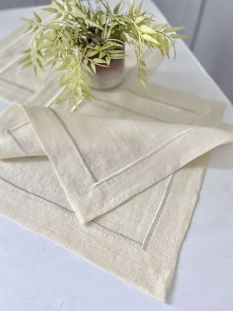 Серветка квадратна 40x40 см 100% льон однотонна вишивка світло-бежевий - зображення 4