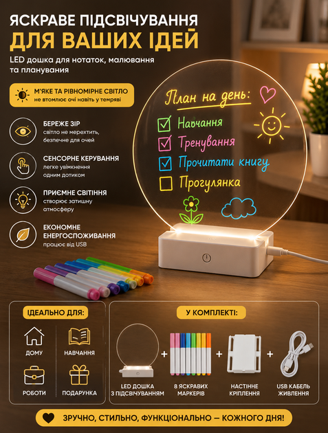 Кругла акрилова настільна маркерна дошка-планер для дому та офісу з LED-підсвіткою на USB що слугує нічником багаторазова в комплекті різнокольорові маркери - зображення 2
