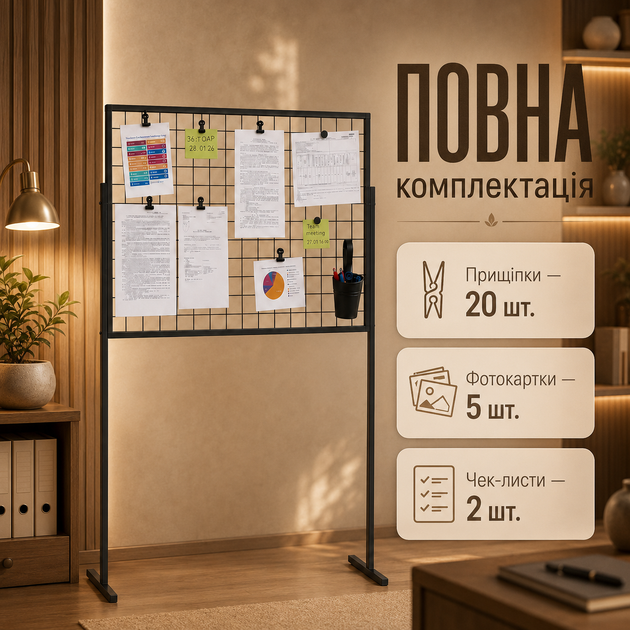 Черный мудборд доска желаний на ножках 150×100 см 5 фотокарточек 20 прищепок 2 чеклиста металлический органайзер сетка для фото - изображение 3