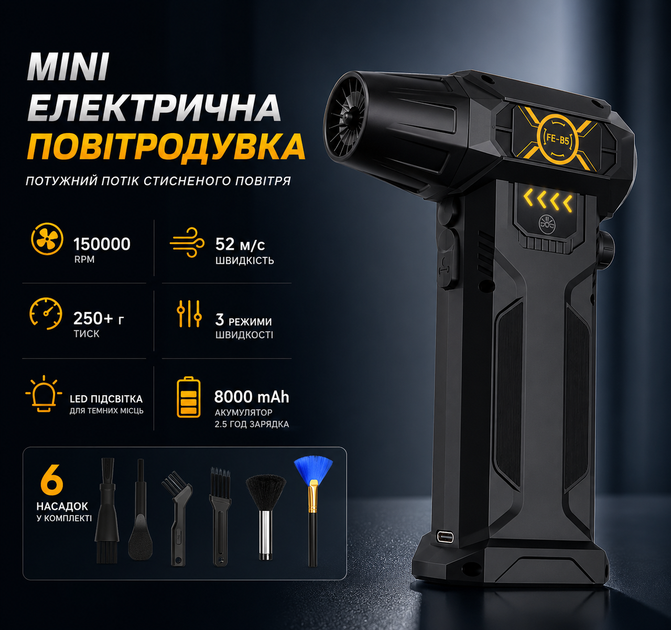 Повітродувка електрична Air Duster 150000 RPM 8000 mAh 3 режими USB-C акумуляторний очищувач для ПК та авто - изображение 2